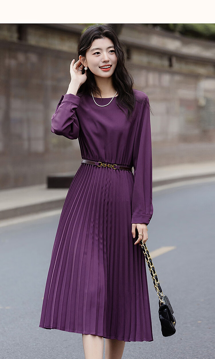 Dme [Elegant French-Style Lady] Autumn Draping Silk Elastic Waist Pleated Skirt, Ruched Belt Women's Dress 11