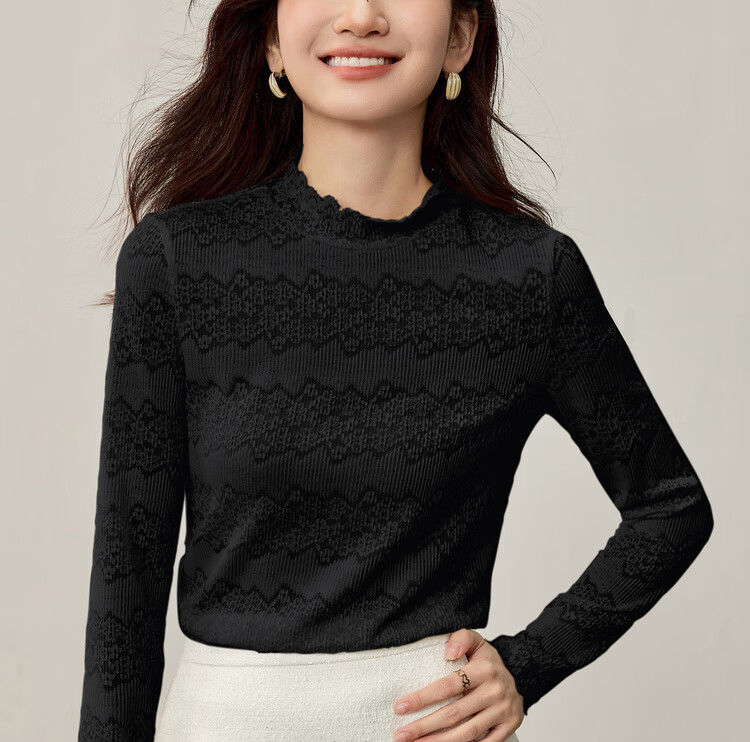 Sentubila Semi-Turtleneck Floral Textured Lace Slim Fit Long Sleeve Top for Women Autumn Hollow Out Inner Layer Shirt 12