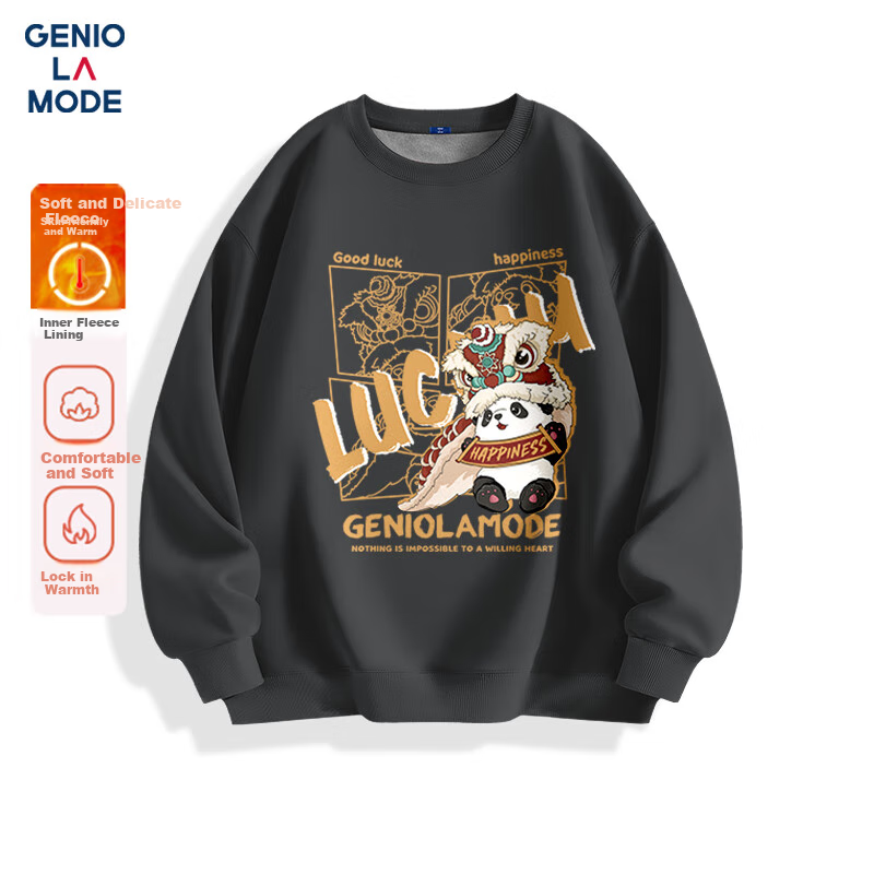 GENIOLAMODE Fleece-Lined Sweatshirt for Men, Autumn And Winter Style, Round Neck, Thickened, Cold-Proof, Warm, Versatile, Fashionable, Hoodless Clothing, Dark Gray, 3XL