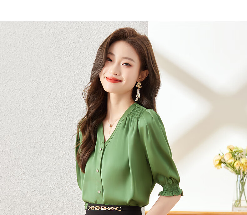Jeanswest Women's Short-Sleeve Shirt, Summer 2026 Thin Style, Slimming French Inner Layer, Casual Chiffon Blouse, Green, XL 3
