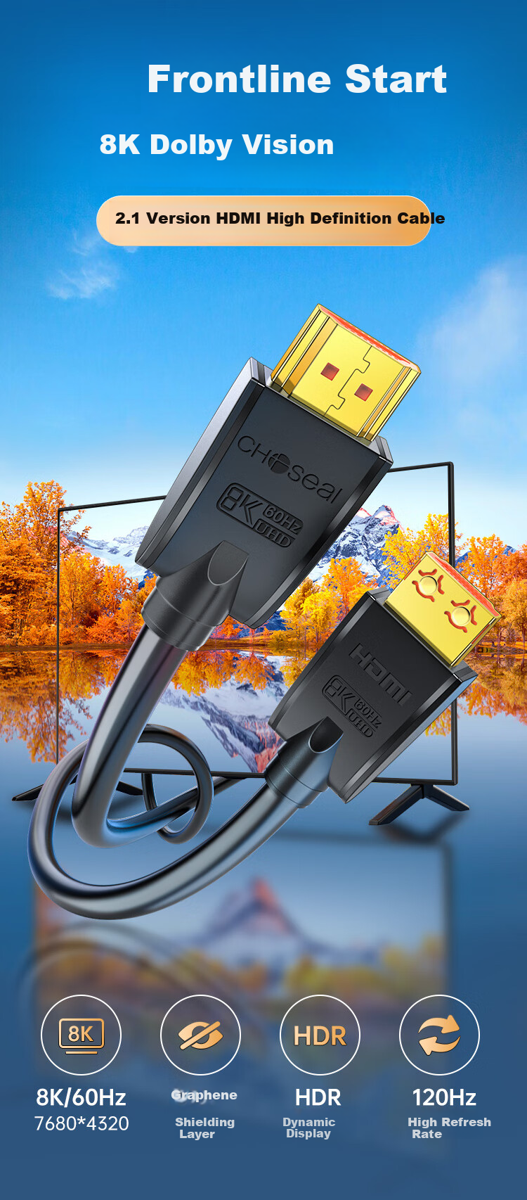 CHOOSEAL HDMI Cable Version 2.1, 8K60Hz High Definition, Graphene Shielding, Computer Laptop Monitor Projector Video Connection Cable, 1.5 Meters, QS8217T1D5 1