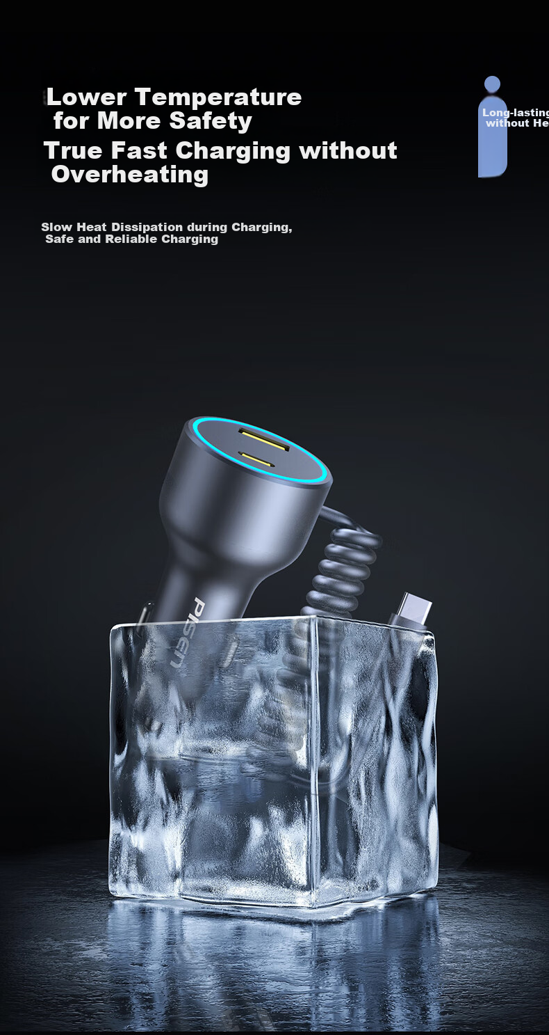 Pisen Car Charger, Retractable Two-Prong Cigarette Lighter, Fast Charging with Built-In Spring, Extendable Charging Cable, Car Adapter 7