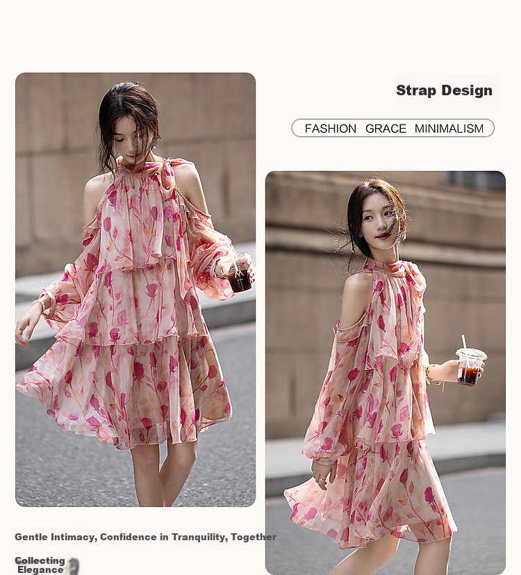Demana [Hot Valley Eternal Summer] Spring Summer Elegant Off-Shoulder Tie Diamond Chiffon Gradient Print Dress for Women 5