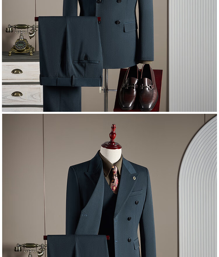 ROMON Men's Wool Suit Set Business Wedding Formalwear Brown Coffee M (Blazer + Vest + Trousers) 14