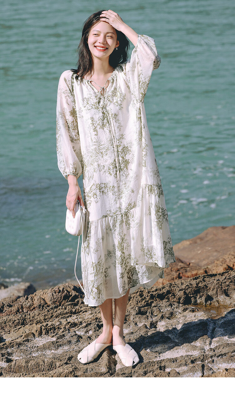 Dme Elegant Floral Print Long Dress, Artistic Ink Painting Design, Slimming One-Piece Dress, Floral Print, Size S 9
