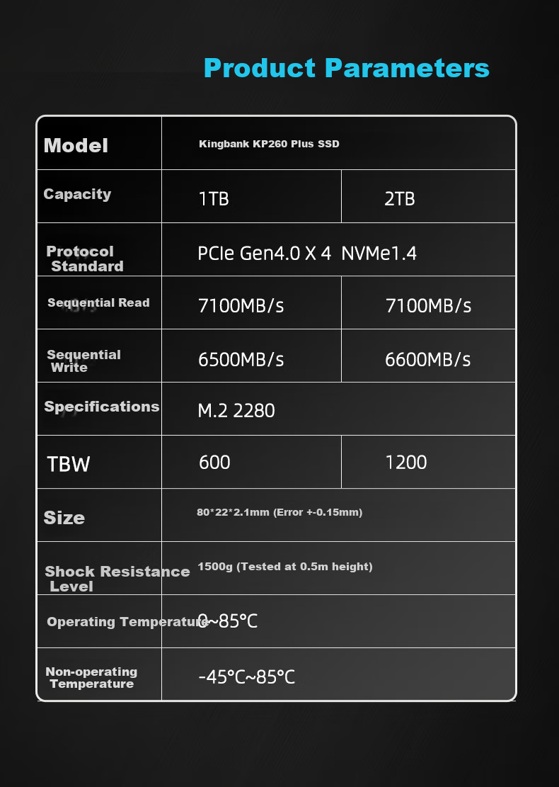 KINGBANK 1TB SSD Solid State Drive, M.2 Interface (NVMe PCIe 4.0x4), Read Speed 7400MB/s, KP260 PLUS Series, Changjiang Wafer 7