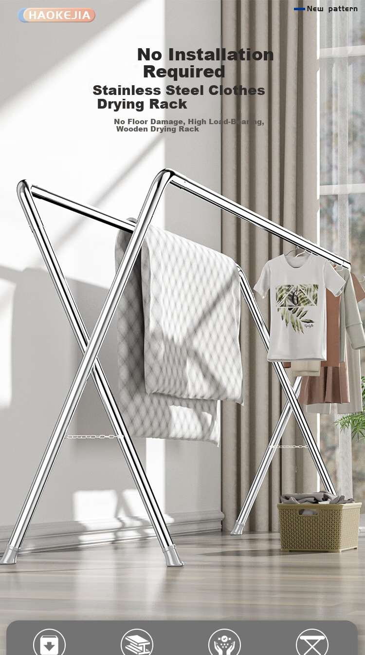 HKG (Hong Kong International Airport) Clothes Drying Rack, Four-Rod Floor-Standing Foldable Indoor And Outdoor Household Balcony Bedroom Thickened Stainless Steel Drying Rod for Clothes And Quilts 1