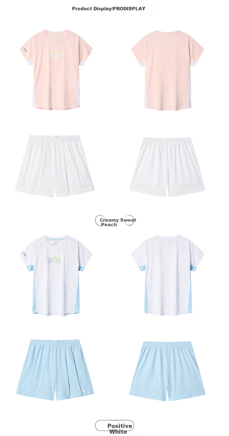 ERKE Kids Girls Sports Set Children's Casual Short Sleeve Set Pure White 120 19