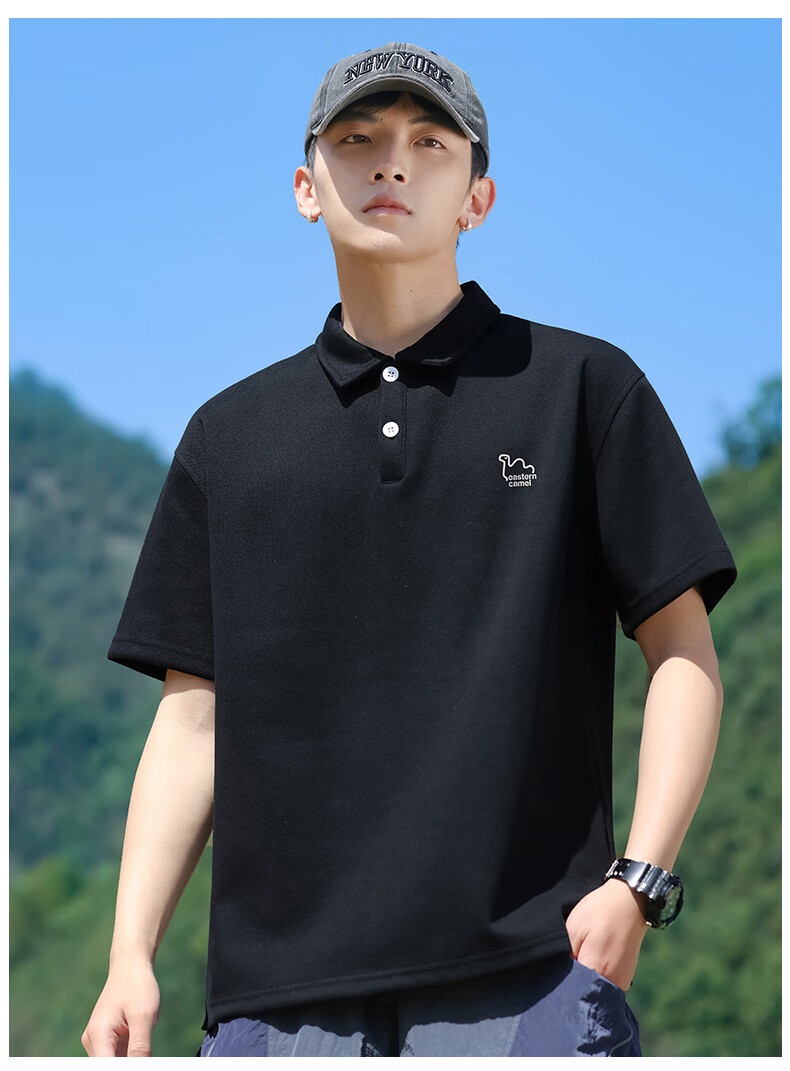 EASTERN CAMEL Short-Sleeve Polo Shirt for Men, Summer Heavyweight Breathable Solid Color Sports Collared Outdoor T-Shirt Top, Black, XL 11