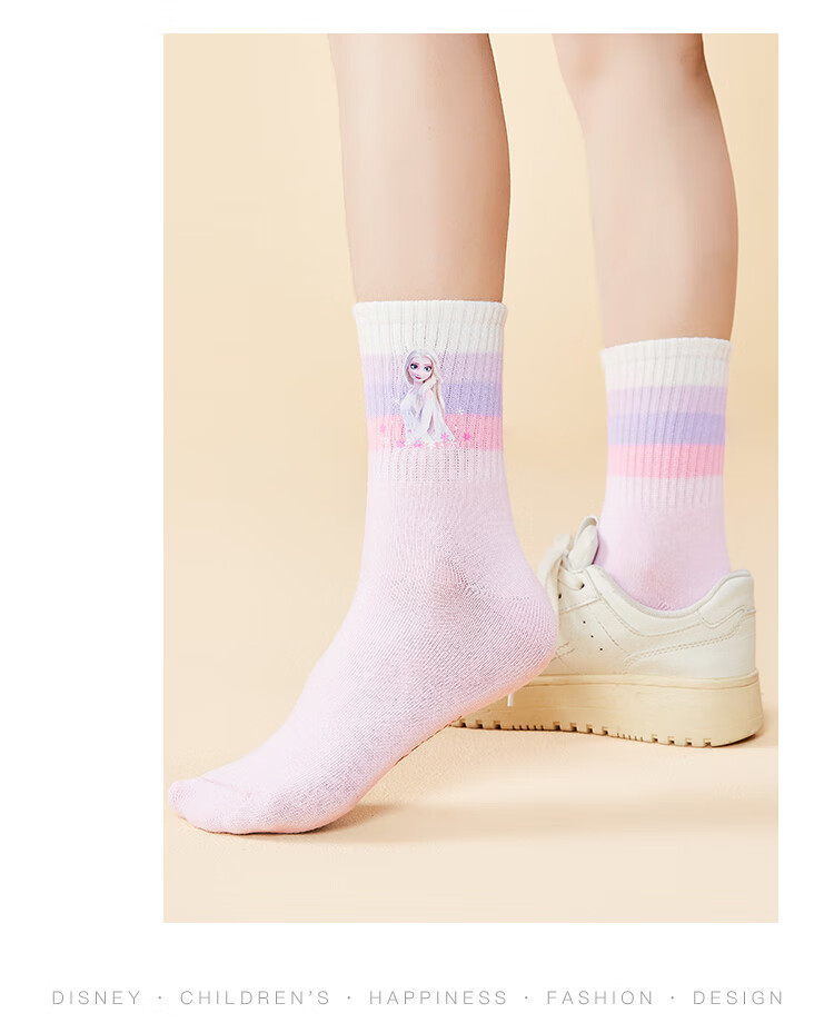 Disney Kids Socks Spring and Autumn Girls Mid-Calf Socks Elsa Princess 7A Antibacterial Cotton Socks for Girls SP33332 Color Block S 3
