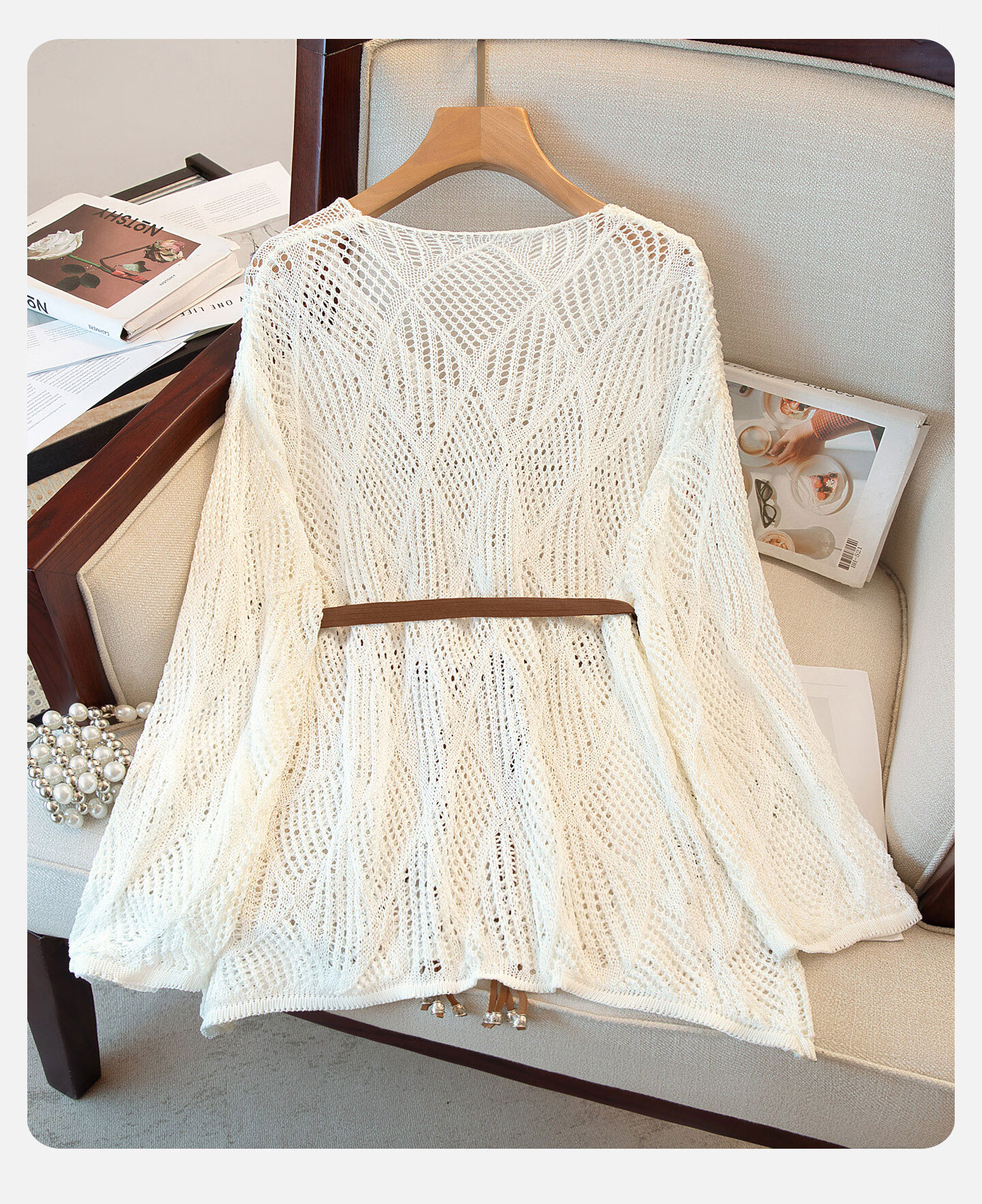 Cypress V-Neck Knit Sweater 2026 Spring New Women's Literary Style Pullover Hollow Out Three-Quarter Sleeve Top 2