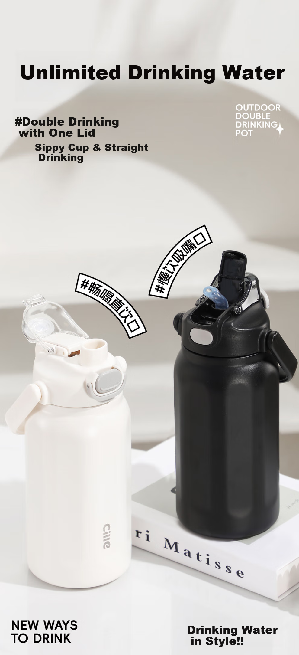 Cille Insulated Mug for Men And Women, 316 Stainless Steel Sports Water Bottle, Large Capacity Water Cup for Outdoor Use, Car-Mounted Portable Straw Cup 5