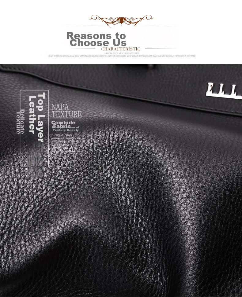 ELLE HOMME Men's Business Briefcase, Handheld Work Bag Horizontal Style Top Layer Cowhide Laptop Bag Large Capacity Fashionable Men's Bag EA888200411 Black 5