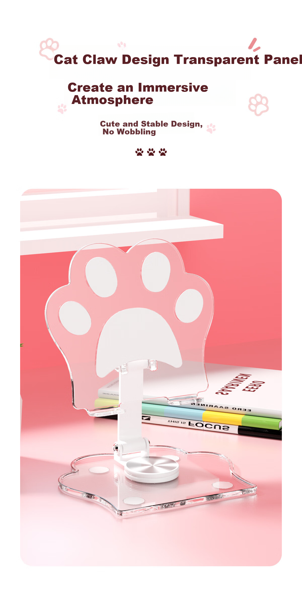 JPLAYER Phone Stand, Desktop 360° Multifunctional Rotating Folding Tablet Stand, IPad Lazy Support Stand, for Gaming, Online Classes, Drawing, Metal Live Streaming, Cute Cat Paw Style, Black 2