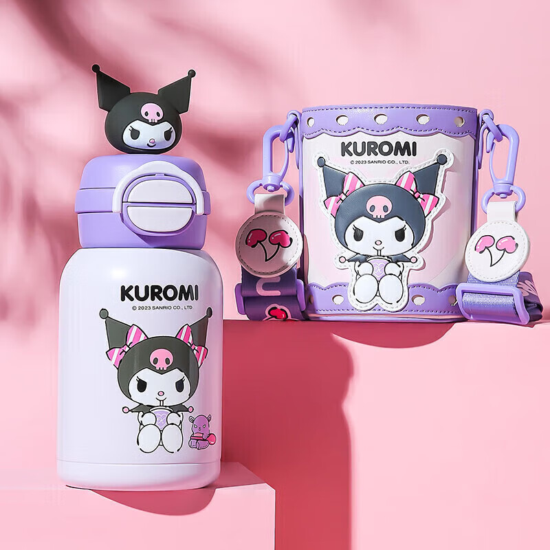 BEDDYBEAR Open Mouth Smile Dual Lid Kids Thermos Bottle with Straw 316 Stainless Steel Large Capacity Insulated Flask 600ML Kuromi