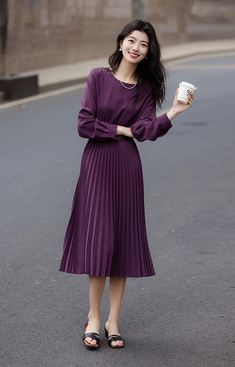 Dme [Elegant French-Style Lady] Autumn Draping Silk Elastic Waist Pleated Skirt, Ruched Belt Women's Dress 8
