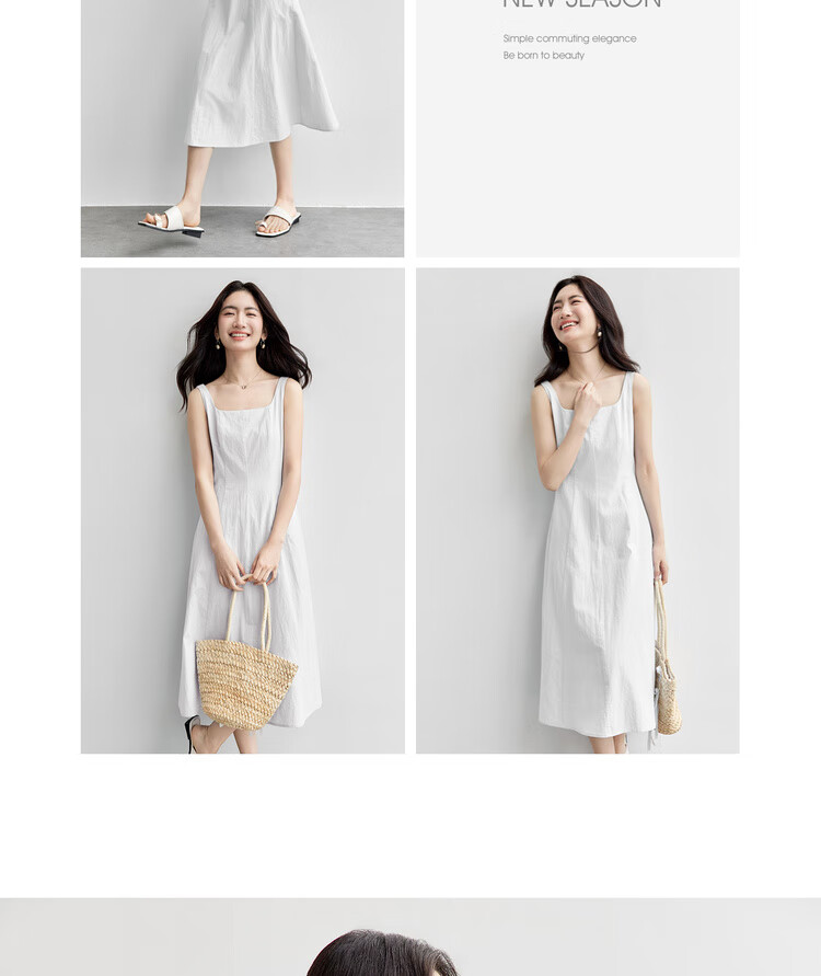 Shangdu Bila 100% Cotton A-Line Dress Women Summer Slim Waist Spaghetti Strap Square Neck Casual Mid-Length Dress 22