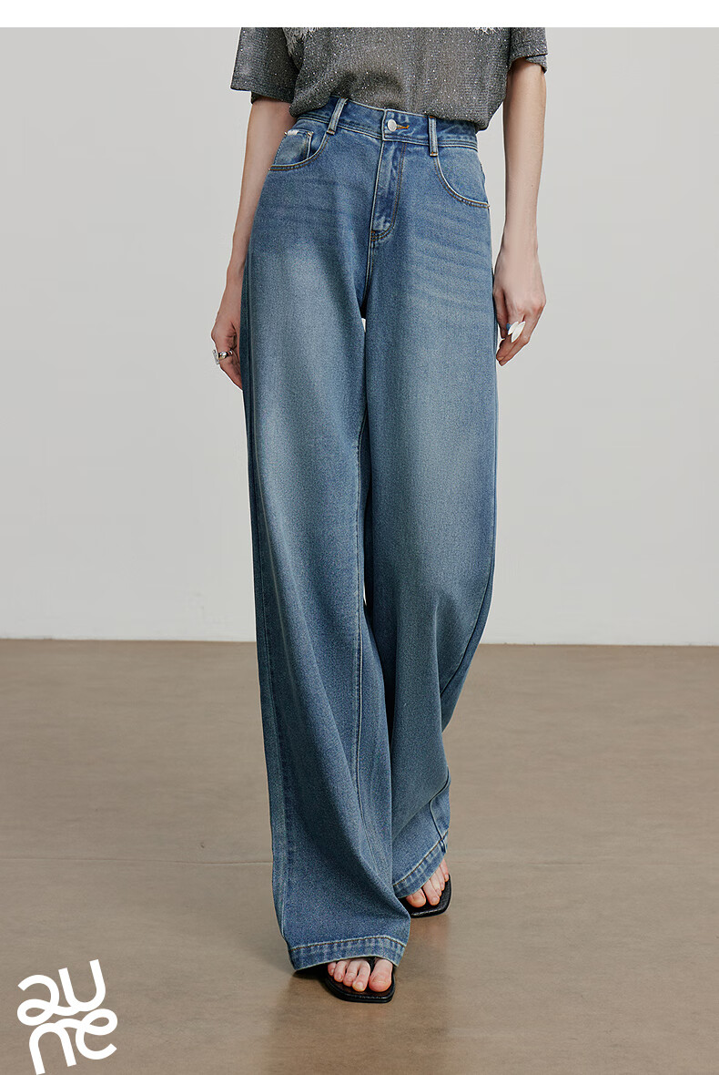 Chuyu Focus Acetate Puff Soft Denim Women's 2025 New Mid-Waist High Street Embroidered Wide-Leg Pants Sky Blue 28 24