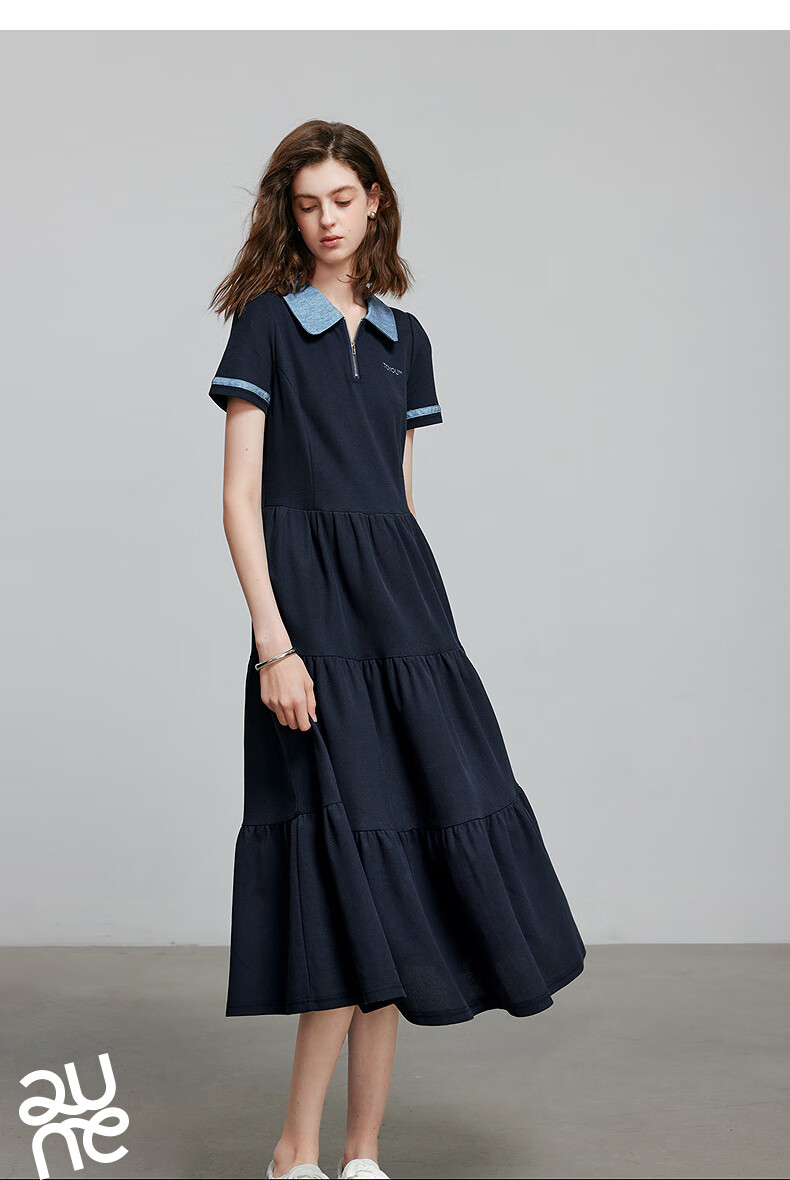 Chuyu Age-Reducing Retro 2025 Summer New Color-Block Polo Collar Dress for Women with Spliced T-Shirt Skirt, Floral Gray, S 6