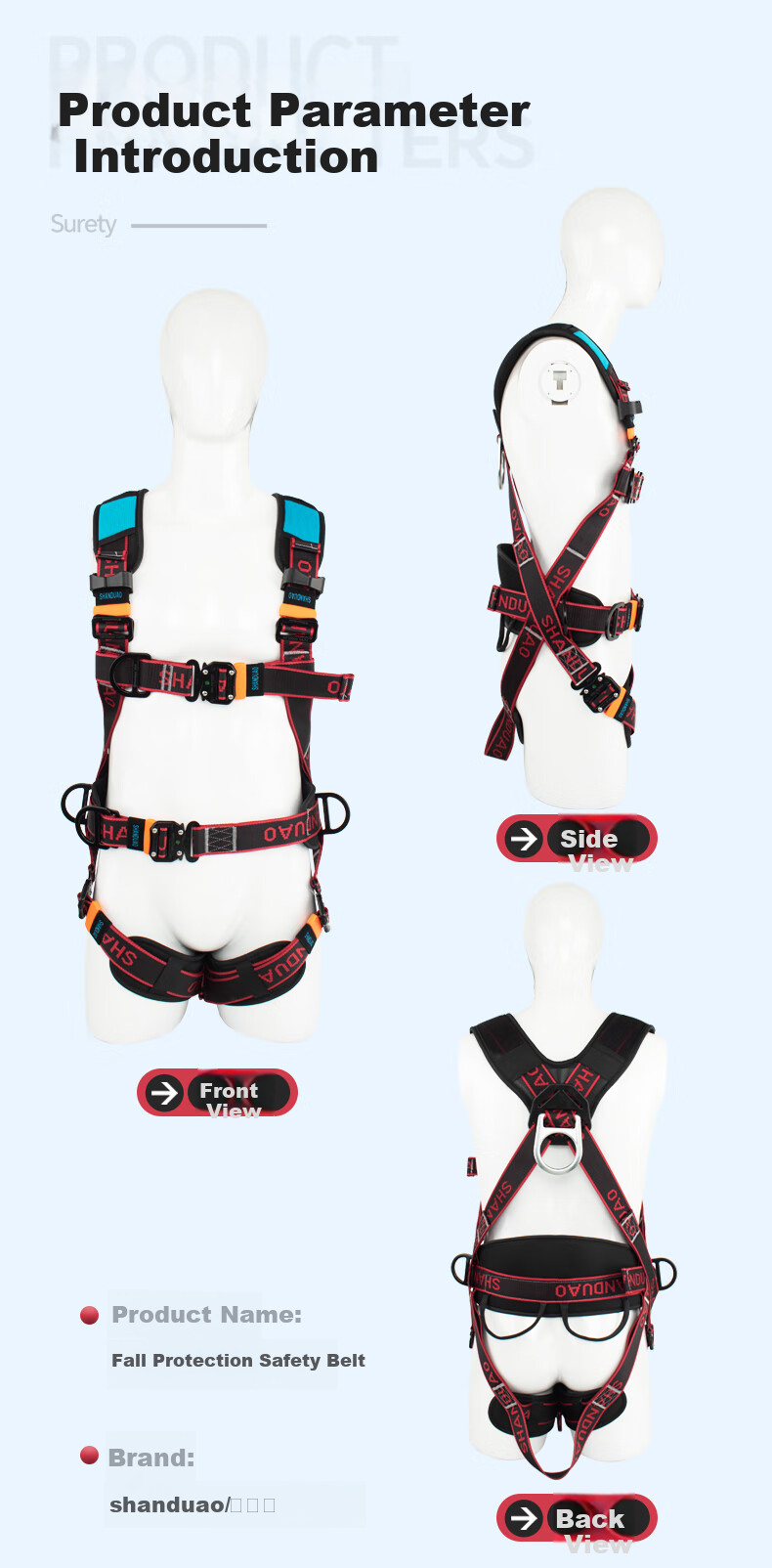 Shandouao Z-Y Fall Arrest Safety Harness, National Standard AD9088, Double Large Hooks with Cushioning Pack, 1.8 Meters 4