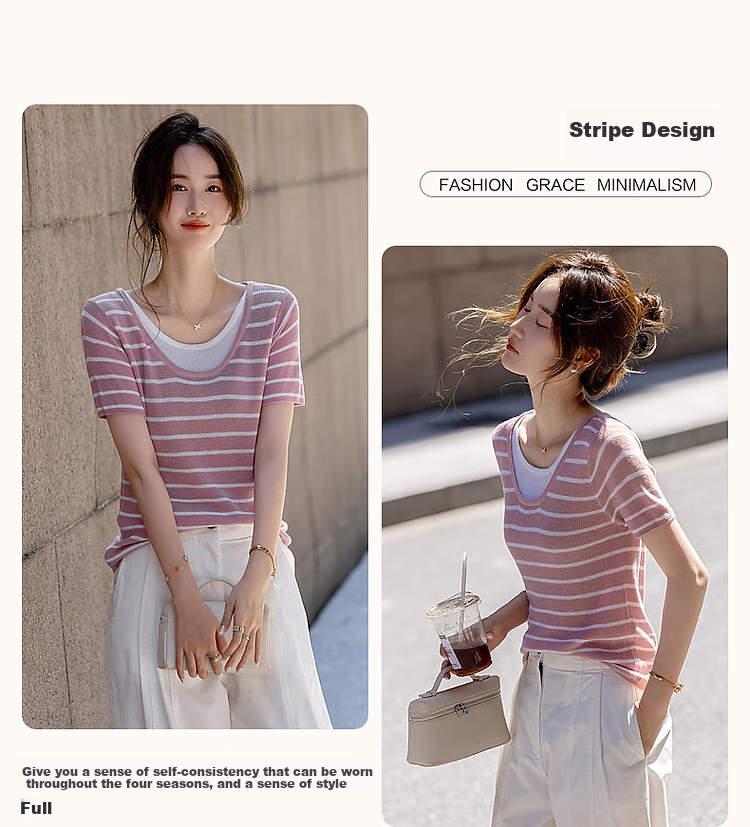 Dme [Xianxiao Philosophy] Spring And Autumn High-Wise Sensation Faux Two-Piece Striped Sweater, Elastic Comfortable Concealing Knit Top for Wome 3