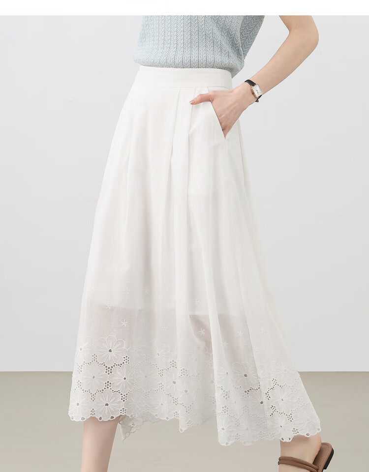 Shangdu Bila Pure Cotton High-Waist Hollow Embroidered White A-Line Midi Skirt for Women Summer Vacation Slim Fit Skirt 15