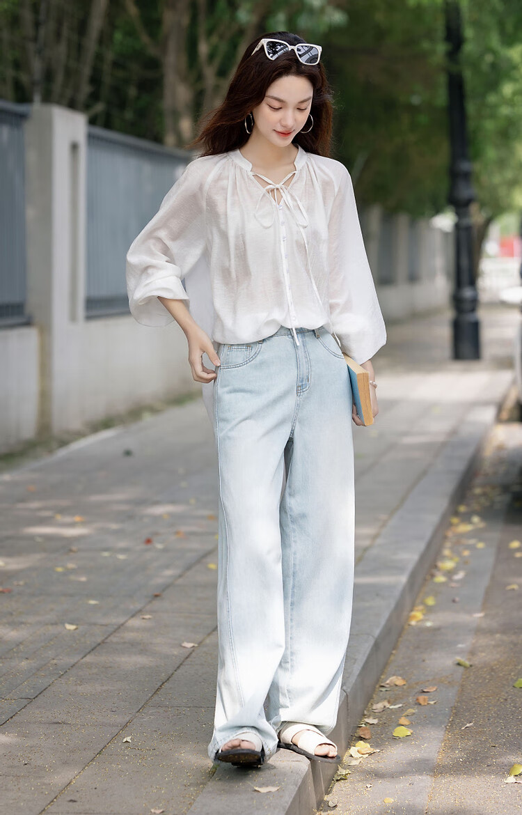 Demana [Simple Life] Spring and Autumn Lightweight Oxygen Linen Lyocell Blend Elegant V-Neck Ribbon Pocket Sleeve Women's Shirt 14