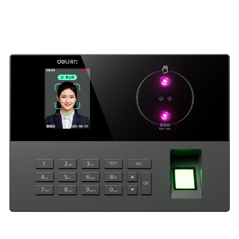 Deli Attendance Machine, Time Clock with Facial Recognition, Fingerprint, And Palm Vein Integration, Infrared Dual-Camera Employee Self-Service Attendance, Bluetooth Connects to Phone WeChat Mini Program Management AH12W