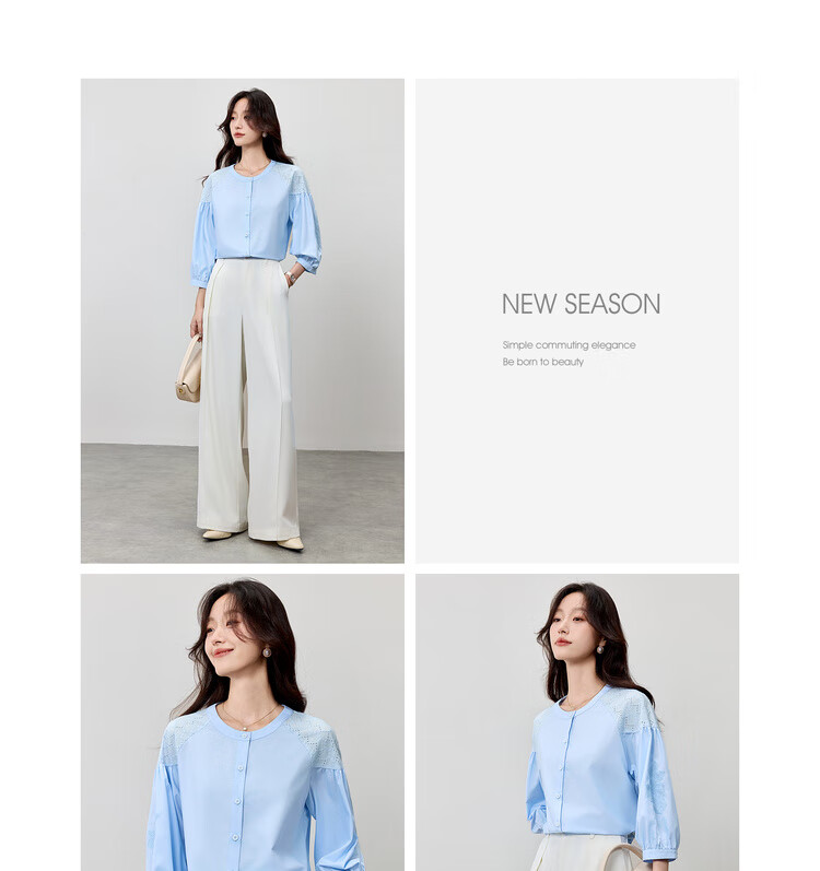 Shangdu Bira Lenzing Tencel Three-Quarter Sleeve Casual Shirt Women Autumn Lantern Sleeve Patchwork Hollow Embroidery Elegant Blouse 23