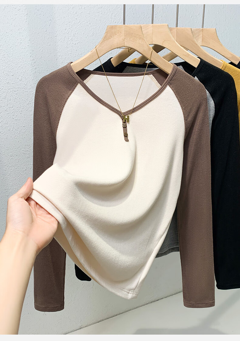 MiiOW Long-Sleeve T-Shirt Base Layer for Women, 2025 New Arrival, Early Autumn And Winter V-Neck Color Block Raglan Slimming Top 6