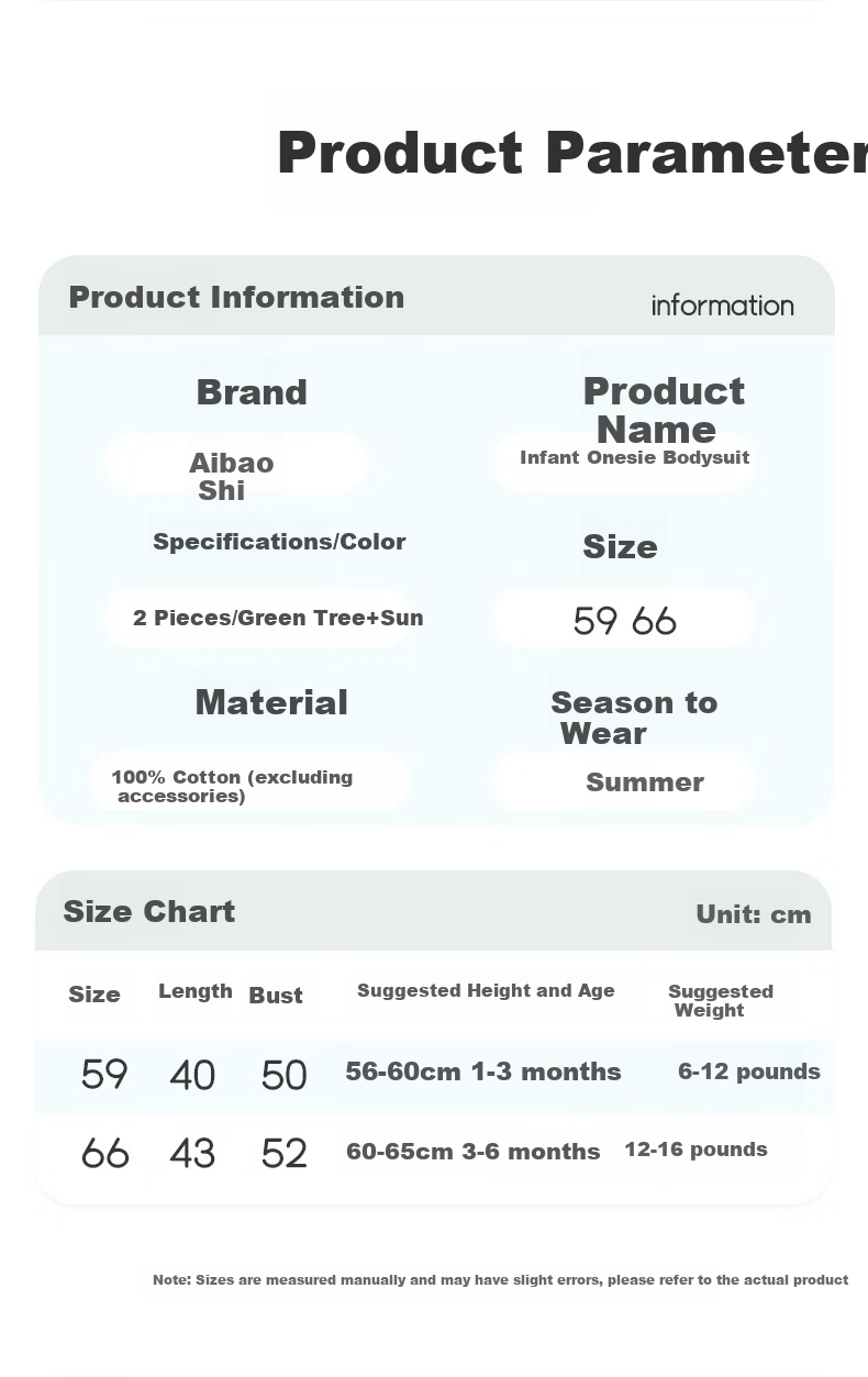 Aibaoshi Baby Romper, Summer Short-Sleeve Bodysuit, Newborn Onesie, Thin Mesh Back T169, 2-Piece Set, 66cm 11