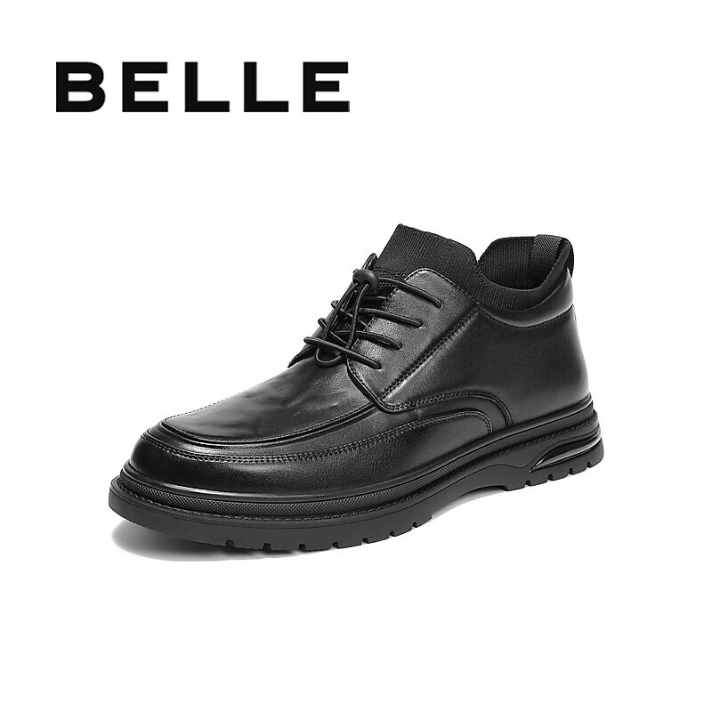 Belle Men's High-Top Casual Leather Shoes 2025 Winter Cowhide Thick Sole Business Ankle Boots Fleece Lined A2199DD5 Black Velvet Lining Size 39