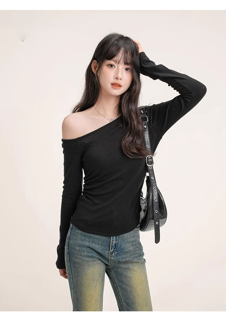 Woodpecker Women's Slant Shoulder Long Sleeve T-Shirt Autumn New Trendy Casual Slim Fit Base Shirt White L 6