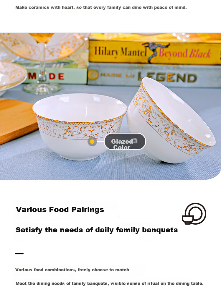 Haoya Jingdezhen Ceramic Dinnerware Set for Home Use, Including Rice Bowls And Small Soup Bowls, European Style, Taiyang Island Design, 4.5 Inches, Set of 4 4