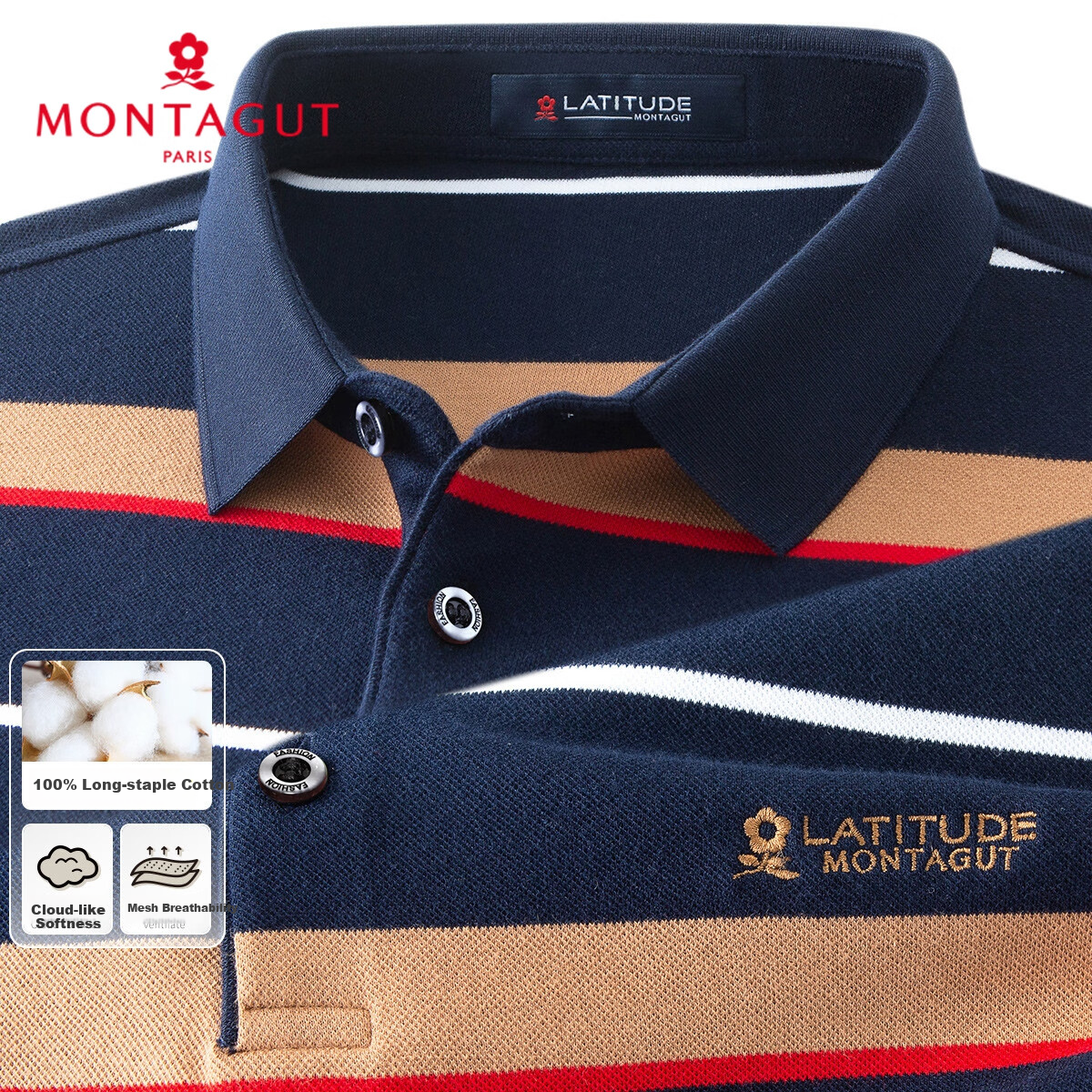 MONTAGUT Long-Sleeve Polo Shirt for Men, Spring And Autumn Pure Cotton Skin-Friendly Collar, Soft Comfortable Qiji Red Breathable T-Shirt, Navy Blue, Size M