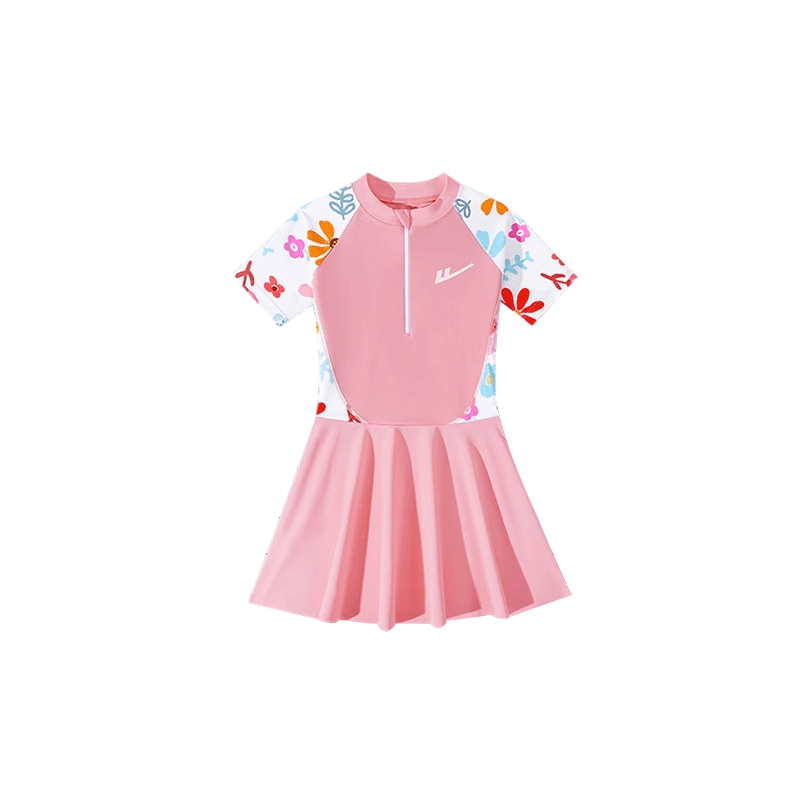 Huili Girls' One-Piece Swimsuit Dress, Quick-Dry Swimming Set for Older Children, Pool Swimwear, Three-Piece Set, 34020 Pink L