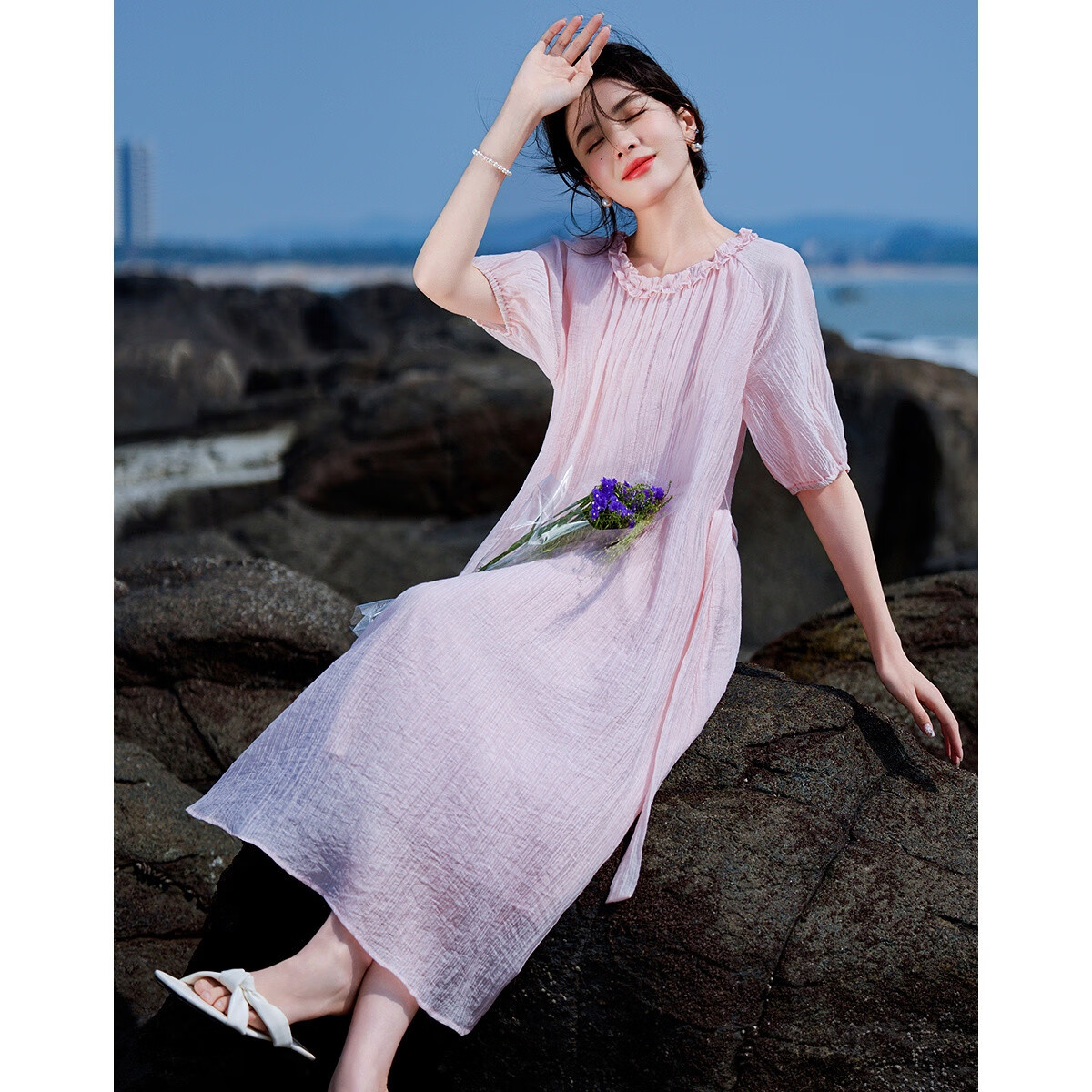 Dme [Light Oxygen Lyocell] Summer Romantic French Ruffle Round Neck Doll Dress with Detachable Belt, Women's One-Piece Dress