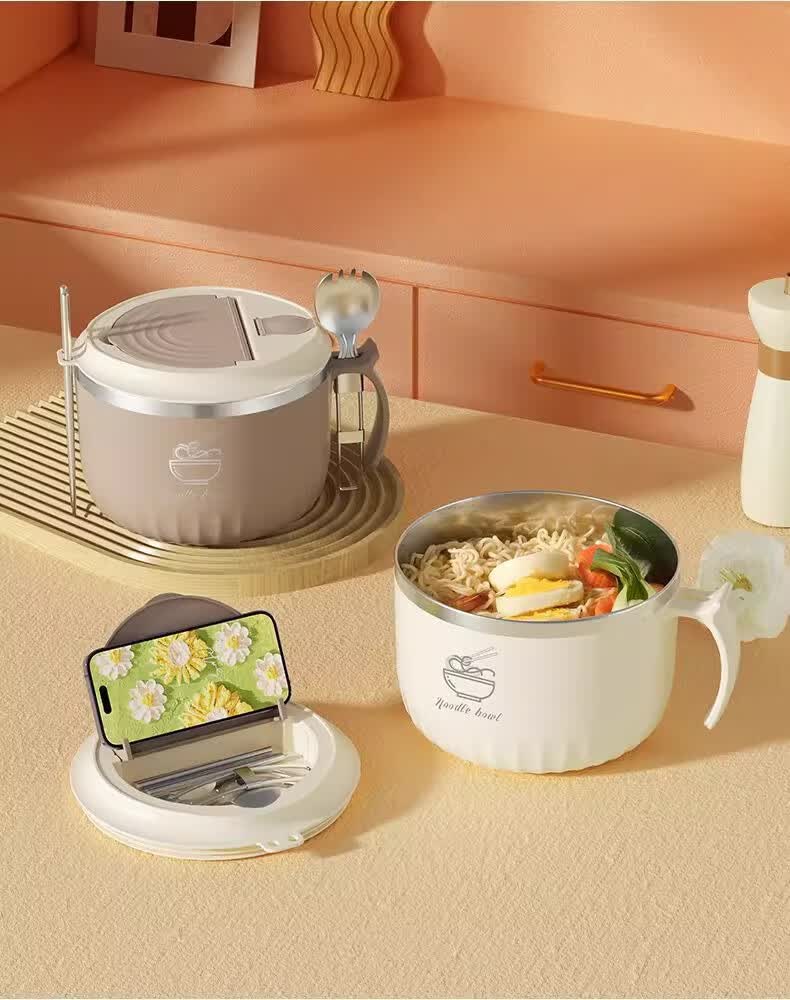KATEI STORY Japanese 304 Stainless Steel Draining Instant Noodle Bowl Large Capacity Dormitory Student Covered Bowl with Handle Insulated Lunch Box 26