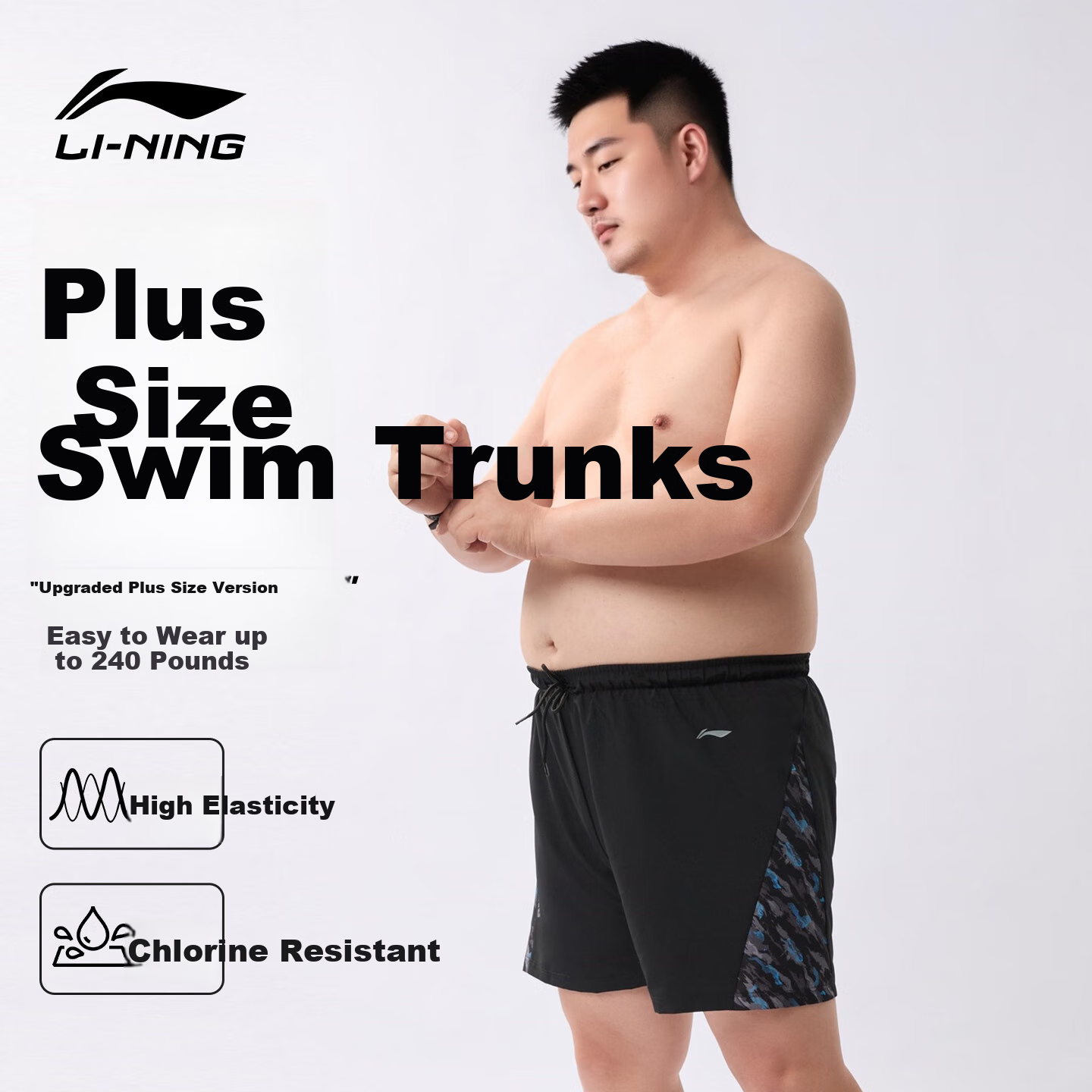 Li-Ning Men's Swim Trunks, Plus Size, Extra Large, for 200-300 Jin Weight, Loose-Fitting Swimsuit for Overweight Men, Hot Spring And Swimming Equipment
