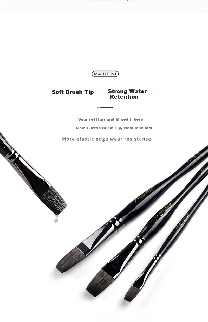 MAIRTINI Black Flat-Top Watercolor Brushes, Squirrel Hair Brushes for Acrylic Paint And Oil Painting, Set of 3 Combination Pack Q728 3