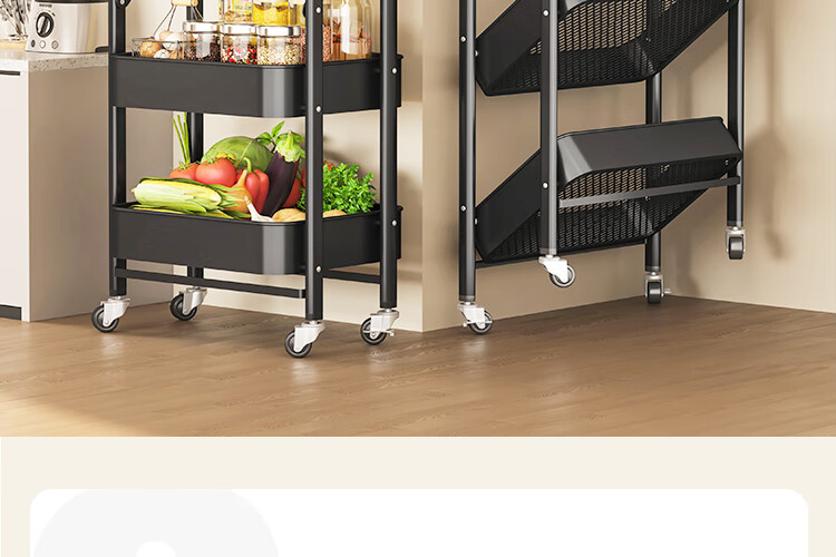 QIAONAMEI Portable Kitchen Storage Rack No-Installation Floor Cart Snack Folding Three-Tier Storage Rack QNM1860-BK 2
