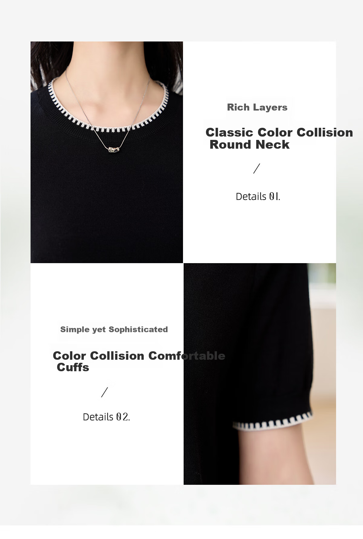 Chushen Summer Knitted Short-Sleeve T-Shirt for Women, Fashionable Round Neck Contrasting Color Design, Simple And Elegant Knitted Top Base Shirt S52T025 3