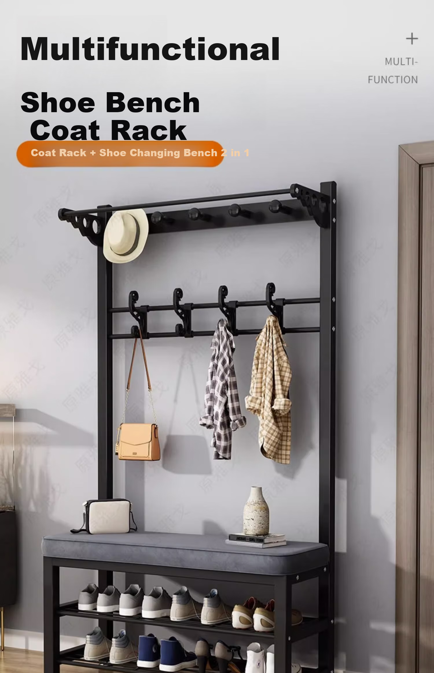 Milin Multi-Functional Shoe Rack with Bench And Coat Stand for Entryway, White Velvet Seat, 80cm 1