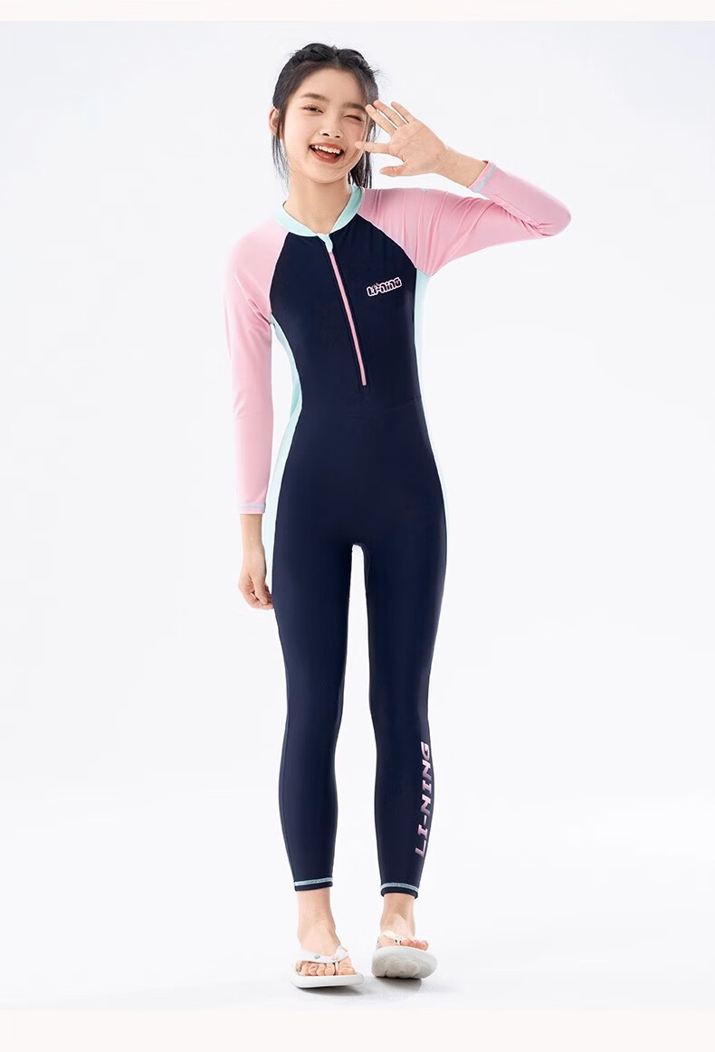 LI-NING Kids Girls One-Piece Long Sleeve Long Pants Swimsuit with Chest Pad Sun Protection Swimwear for Middle School and Older Children 14