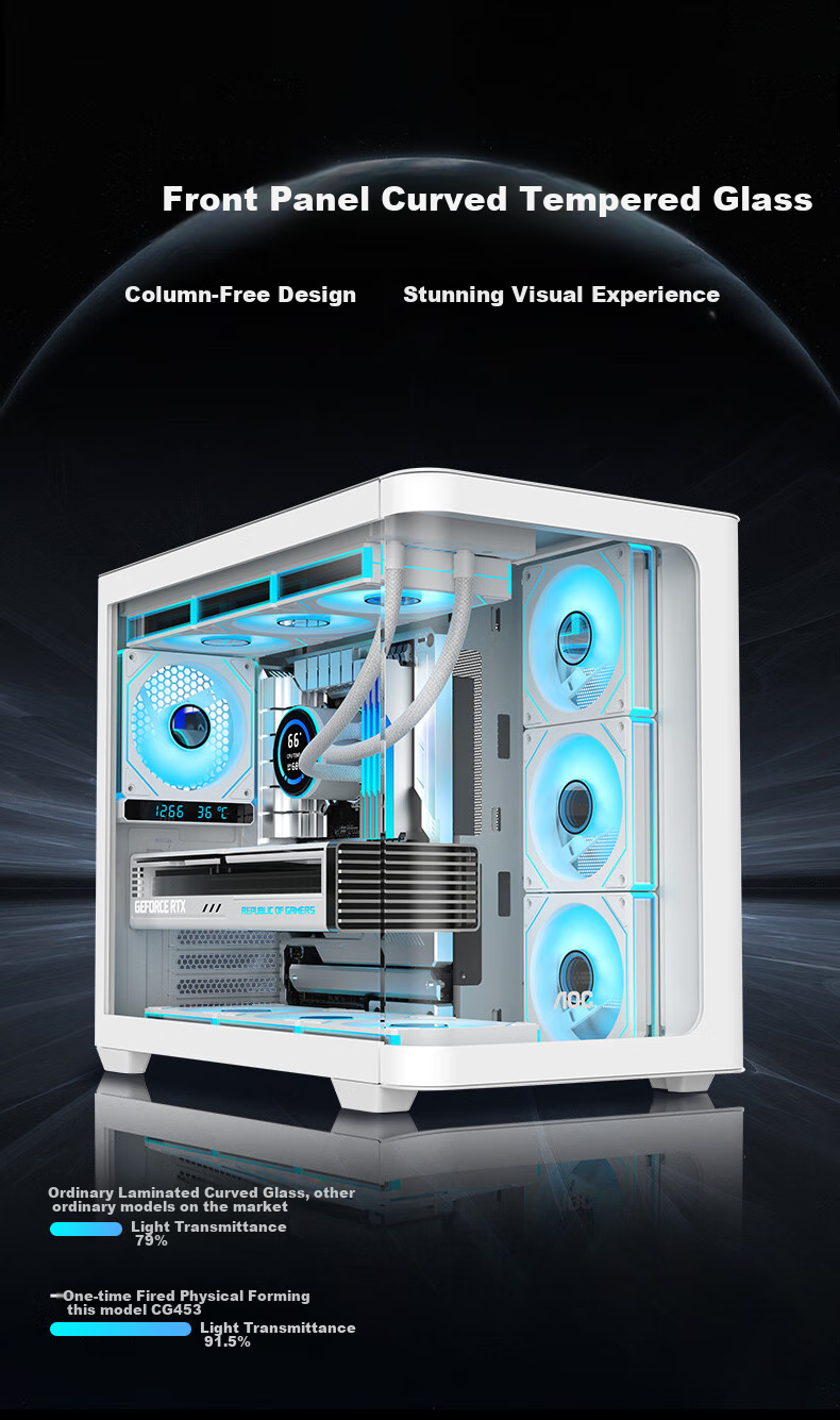 AOC Case CG453 White ATX Curved Glass Desktop Gaming PC Case, Front Curved Glass/Left And Right Compartments/Supports 360mm Water Cooling/10 Fan Positions 1