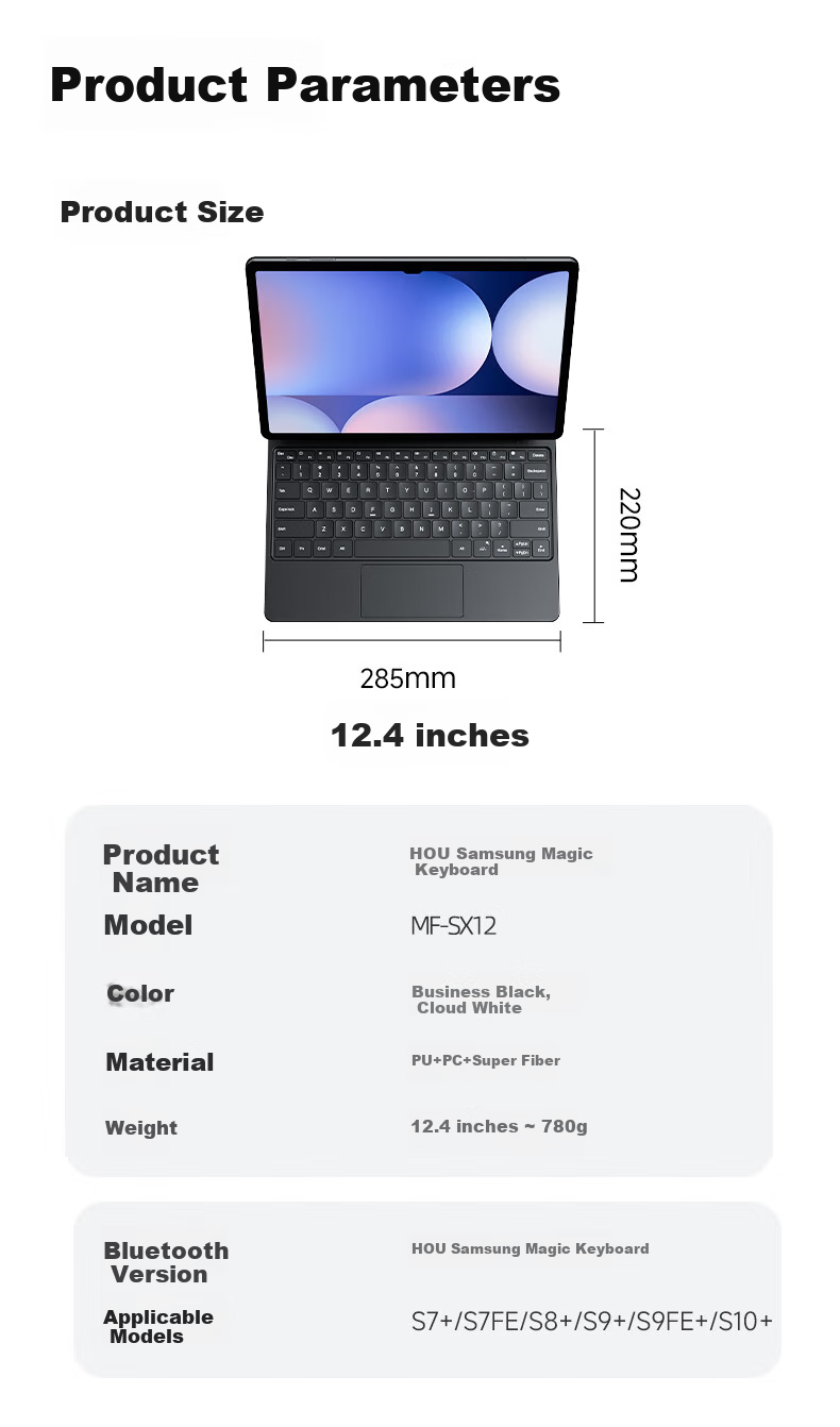 Houhou Three-Star Tablet Magic Control Keyboard Protective Case Integrated Bluetooth Keyboard Compatible with Samsung Tab S10+/S9+/S9FE+/S8+/S7+, 12.4-Inch, Black 13