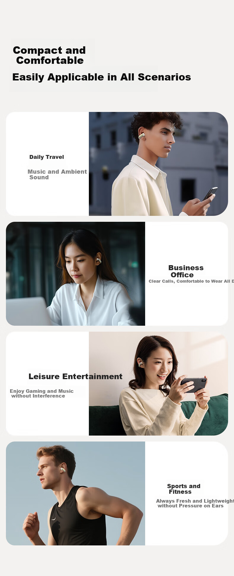 Lanshidun Bluetooth Headphones, Bone Conduction Concept Clip-On Wireless Open Non-In, Sports Running Cycling ENC Noise-Cancelling Headphones with Ultra-Long Battery Life, Supports APP, TS28 Beige 10