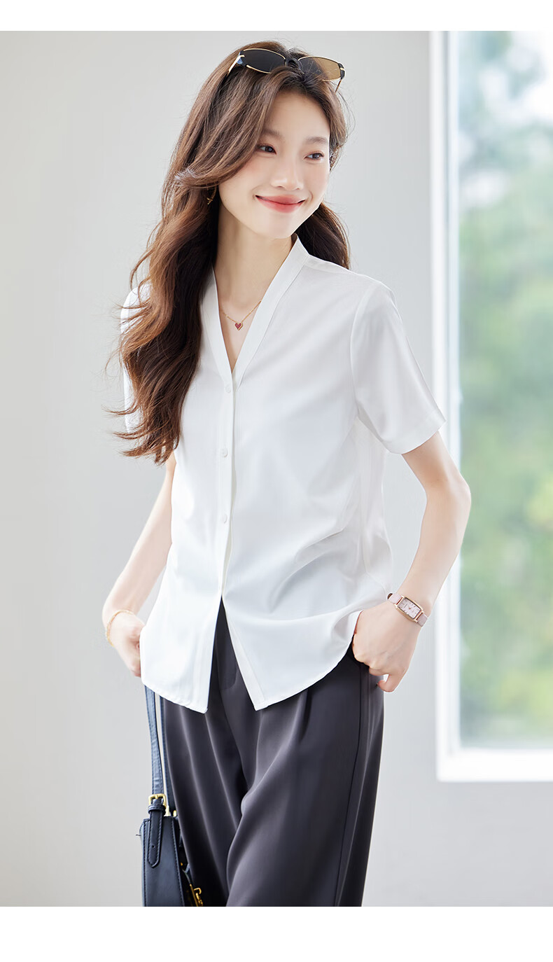 Jeanswest Women's Short Sleeve Shirt Summer Professional Slim Fit High-End Collarless Versatile Top Purple L 16