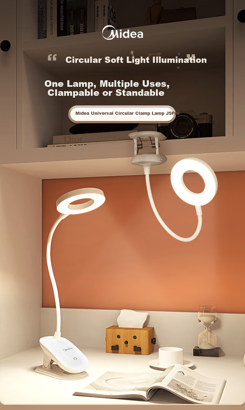 Midea Rechargeable Small Desk Lamp for Home, Student Study, Reading, Dormitory, Clip-On Bedside Lamp 1