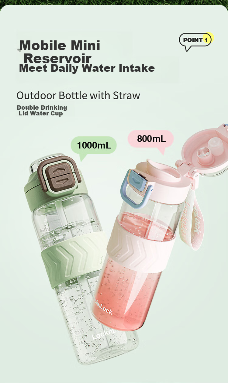 LOCK&LOCK Summer Dual-Drinking Plastic Sports Water Bottle with Straw Handle, Outdoor Portable Water Jug for Men And Women, Beige, 800ml 4